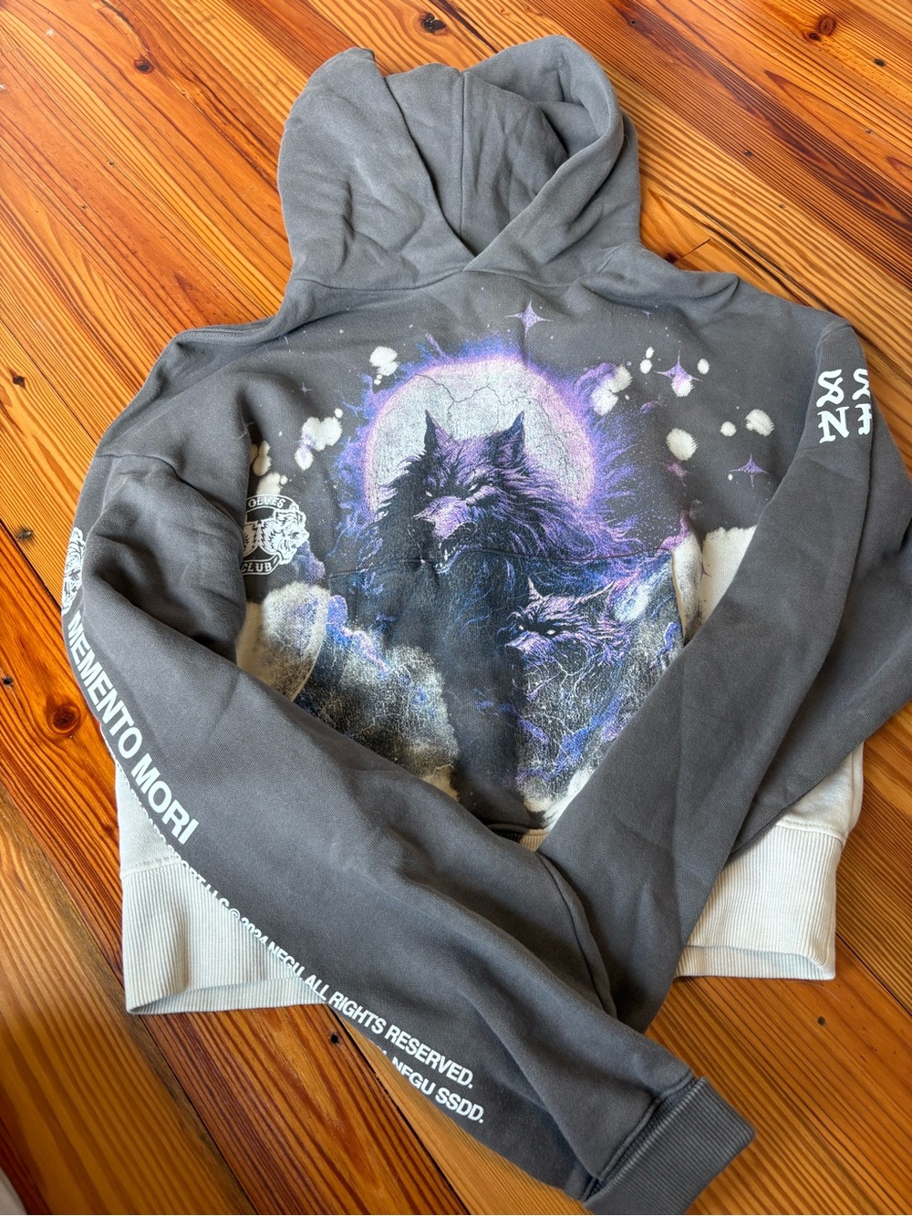 Darc Sport Gray Crewneck Hoodie with Wolf Graphic and Purple Accents